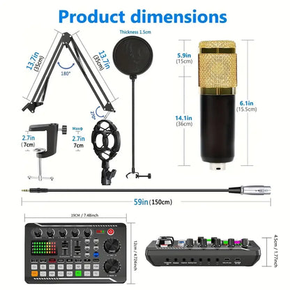 Podcast Microphone Bundle, Professional Audio Mixer BM-800 Condenser Mic With Live Sound Card Kit, Podcast Equipment Bundle