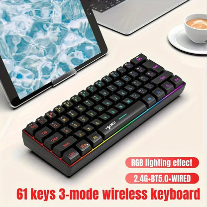 Wireless Gaming Keyboard, 61 Keys BT 5.0 + 2.4G Dual-Mode Wireless Rainbow Backlit Ergonomic Ultra-Compact Silent 60% Keyboard For Windows, Mac, PC, PS4 Gamer