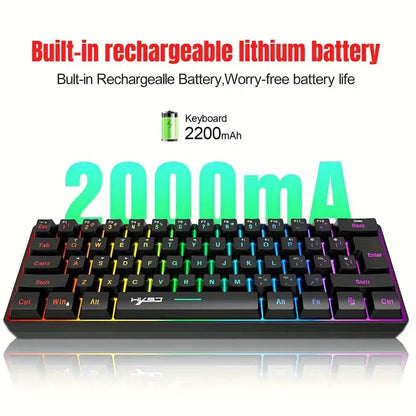 Wireless Gaming Keyboard, 61 Keys BT 5.0 + 2.4G Dual-Mode Wireless Rainbow Backlit Ergonomic Ultra-Compact Silent 60% Keyboard For Windows, Mac, PC, PS4 Gamer