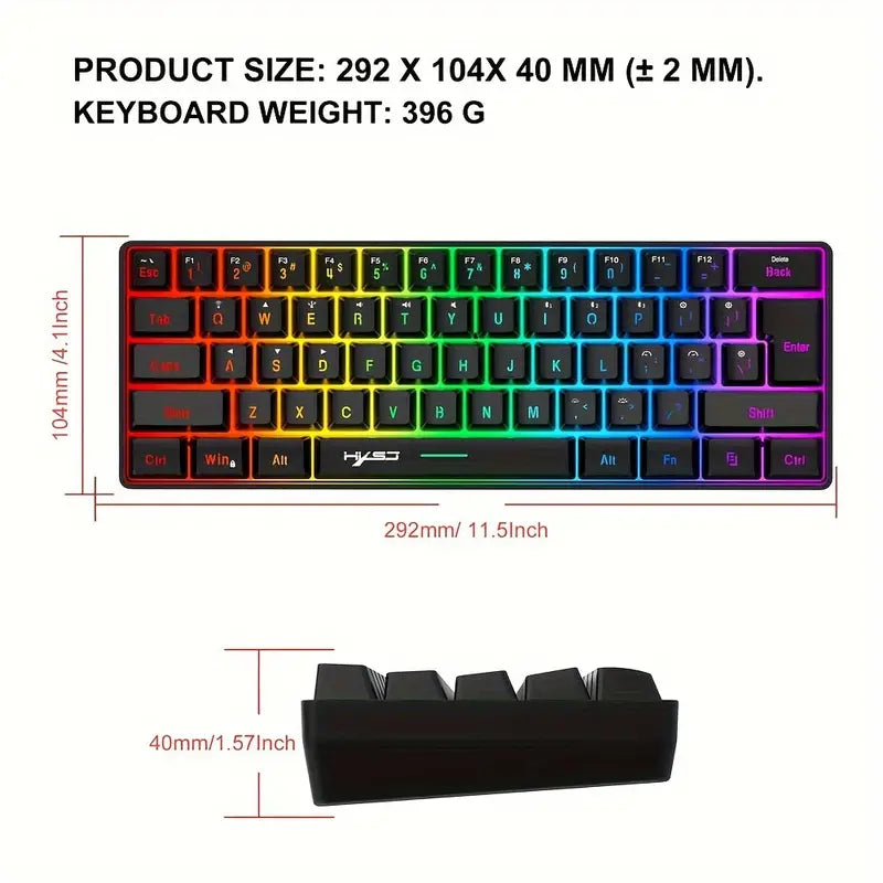 Wireless Gaming Keyboard, 61 Keys BT 5.0 + 2.4G Dual-Mode Wireless Rainbow Backlit Ergonomic Ultra-Compact Silent 60% Keyboard For Windows, Mac, PC, PS4 Gamer